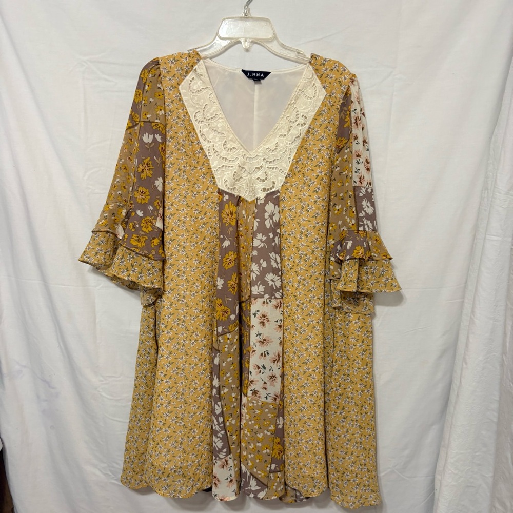 JINNA women's yellow and brown patchwork floral print dress with lace detail